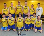 5 March 2011; The Navan Arch Club, Meath, team, and Conor Meany, member of the Men's Superleague National Cup Champions, UCD Marian, with the Men's Superleague National Cup. Special Olympics Ireland National Basketball Cup, Loughlinstown Leisure Centre, Dun Laoghaire, Co. Dublin. Picture credit: Stephen McCarthy / SPORTSFILE