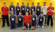 5 March 2011; The Nort West team, back row, from left, Lee Scanlon, coach, Oliver Boyle, Christopher O'Donnell, Stephen McCallion, John McElwaine, Daniel James Cannon, Brian Crilly, Conor Meany, member of the Men's Superleague National Cup Champions, UCD Marian, and Tommy McCay, coach, with, front row, from left, Nigel Porter, Dominic McCallion, Julian McIntyre, Stephen Dowds and Michael O'Donnell with the Men's Superleague National Cup. Special Olympics Ireland National Basketball Cup, Loughlinstown Leisure Centre, Dun Laoghaire, Co. Dublin. Picture credit: Stephen McCarthy / SPORTSFILE