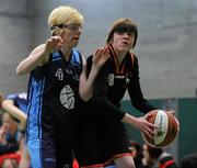 5 March 2011; Caoimhe Mahady, Palmerstown Wildcats, in action against Nicola McIntyre, North West Special Olympics Clubs, left. Special Olympics Ireland National Basketball Cup, Loughlinstown Leisure Centre, Dun Laoghaire, Co. Dublin. Picture credit: Stephen McCarthy / SPORTSFILE