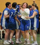 5 March 2011; Carol Nairn, Waterford, 13, and team-mates celebrate their side's victory over Killester in the Women's Plate Final. Special Olympics Ireland National Basketball Cup, Loughlinstown Leisure Centre, Dun Laoghaire, Co. Dublin. Picture credit: Stephen McCarthy / SPORTSFILE