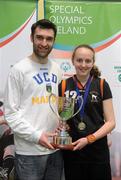 5 March 2011; Palmerstown Wildcats captain Sarah Byrne is presented with the cup by Conor Meany, member of the Men's Superleague National Cup Champions, UCD Marian, following her side's victory over North West Special Olympics Clubs in the Women's Cup Final. Special Olympics Ireland National Basketball Cup, Loughlinstown Leisure Centre, Dun Laoghaire, Co. Dublin. Picture credit: Stephen McCarthy / SPORTSFILE