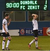 20 October 2016; Disapointed Dundalk players Ronan Finn and Dane Massey at the end of the UEFA Europa League Group D match between Dundalk and Zenit St Petersburg at Tallaght Stadium in Tallaght, Co. Dublin.  Photo by David Maher/Sportsfile