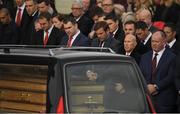 21 October 2016; Munster players from left, Johne Murphy, Damien Varley, Dennis Fogarty, Peter Stringer and Frank Sheehan as the hearse arrives for the funeral of Munster Rugby head coach Anthony Foley at the St. Flannan’s Church, Killaloe, Co Clare. The Shannon club man, with whom he won 5 All Ireland League titles, played 202 times for Munster and was capped for Ireland 62 times, died suddenly in Paris on November 16, 2016 at the age of 42. Photo by Brendan Moran/Sportsfile
