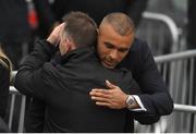 21 October 2016; Munster player Simon Zebo is consoled by fellow mourners at the funeral of Munster Rugby head coach Anthony Foley at the St. Flannan’s Church, Killaloe, Co Clare. The Shannon club man, with whom he won 5 All Ireland League titles, played 202 times for Munster and was capped for Ireland 62 times, died suddenly in Paris on November 16, 2016 at the age of 42. Photo by Brendan Moran/Sportsfile
