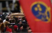 21 October 2016; The coffin of Munster Rugby head coach Anthony Foley leaves the St. Flannan’s Church, Killaloe, Co Clare. The Shannon club man, with whom he won 5 All Ireland League titles, played 202 times for Munster and was capped for Ireland 62 times, died suddenly in Paris on November 16, 2016 at the age of 42. Photo by Stephen McCarthy/Sportsfile