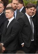 21 October 2016; Brian O'Driscoll, left, who captained Leinster, Ireland and the British and Irish Lions, and Liam Toland arrive for the funeral of Munster Rugby head coach Anthony Foley at the St. Flannan’s Church, Killaloe, Co Clare. The Shannon club man, with whom he won 5 All Ireland League titles, played 202 times for Munster and was capped for Ireland 62 times, died suddenly in Paris on November 16, 2016 at the age of 42. Photo by Brendan Moran/Sportsfile