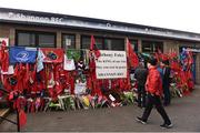 22 October 2016; A general view of Munster Rugby, Leinster Rugby and Connacht Rugby flags, scarves and flowers placed outside the Shannon RFC Club house in memory of the late Munster Rugby head coach Anthony Foley before the European Rugby Champions Cup Pool 1 Round 2 match between Munster and Glasgow Warriors at Thomond Park in Limerick. The Shannon club man, with whom he won 5 All Ireland League titles, played 202 times for Munster and was capped for Ireland 62 times, died suddenly in Paris on November 16, 2016 at the age of 42. Photo by Brendan Moran/Sportsfile