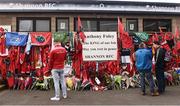 22 October 2016; A general view of Munster Rugby, Leinster Rugby and Connacht Rugby flags, scarves and flowers placed outside the Shannon RFC Club house in memory of the late Munster Rugby head coach Anthony Foley before the European Rugby Champions Cup Pool 1 Round 2 match between Munster and Glasgow Warriors at Thomond Park in Limerick. The Shannon club man, with whom he won 5 All Ireland League titles, played 202 times for Munster and was capped for Ireland 62 times, died suddenly in Paris on November 16, 2016 at the age of 42. Photo Brendan Moran/Sportsfile