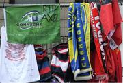 22 October 2016; A general view of Munster Rugby, Clermont Rugby and Connacht Rugby flags, scarves and flowers placed outside the Shannon RFC Club house in memory of the late Munster Rugby head coach Anthony Foley before the European Rugby Champions Cup Pool 1 Round 2 match between Munster and Glasgow Warriors at Thomond Park in Limerick. The Shannon club man, with whom he won 5 All Ireland League titles, played 202 times for Munster and was capped for Ireland 62 times, died suddenly in Paris on November 16, 2016 at the age of 42. Photo by Brendan Moran/Sportsfile