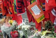 22 October 2016; A general view of flags, scarves and flowers placed outside the Shannon RFC Club house in memory of the late Munster Rugby head coach Anthony Foley before the European Rugby Champions Cup Pool 1 Round 2 match between Munster and Glasgow Warriors at Thomond Park in Limerick. The Shannon club man, with whom he won 5 All Ireland League titles, played 202 times for Munster and was capped for Ireland 62 times, died suddenly in Paris on November 16, 2016 at the age of 42. Photo by Brendan Moran/Sportsfile