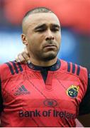 22 October 2016; Munster's Simon Zebo sheds a tear during a minute's silence in memory of the late Munster Rugby head coach Antho ny Foley before the European Rugby Champions Cup Pool 1 Round 2 match between Munster and Glasgow Warriors at Thomond Park in Limerick. The Shannon club man, with whom he won 5 All Ireland League titles, played 202 times for Munster and was capped for Ireland 62 times, died suddenly in Paris on November 16, 2016 at the age of 42. Photo by Brendan Moran/Sportsfile