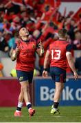 22 October 2016; Simon Zebo of Munster gestures towards the sky after scoring his side's third try during the European Rugby Champions Cup Pool 1 Round 2 match between Munster and Glasgow Warriors at Thomond Park in Limerick. Photo by Seb Daly/Sportsfile