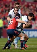 22 October 2016; Sam Johnson of Glasgow Warriors is tackled by Tyler Bleyendaal of Munster during the European Rugby Champions Cup Pool 1 Round 2 match between Munster and Glasgow Warriors at Thomond Park in Limerick. Photo by Seb Daly/Sportsfile