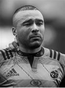 22 October 2016; (Editor's note: Image has been converted to black and white) Munster's Simon Zebo sheds a tear, while the comforting hand of captain Peter O'Mahony rests on his shoulder, during a minute's silence in memory of the late Munster Rugby head coach Anthony Foley before the European Rugby Champions Cup Pool 1 Round 2 match between Munster and Glasgow Warriors at Thomond Park in Limerick. The Shannon club man, with whom he won 5 All Ireland League titles, played 202 times for Munster and was capped for Ireland 62 times, died suddenly in Paris on November 16, 2016 at the age of 42. Photo by Brendan Moran/Sportsfile