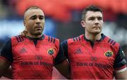 22 October 2016; Munster's Simon Zebo, left, sheds a tear as he stands alongside captain Peter O'Mahony during a minute's silence in memory of the late Munster Rugby head coach Antho ny Foley before the European Rugby Champions Cup Pool 1 Round 2 match between Munster and Glasgow Warriors at Thomond Park in Limerick. The Shannon club man, with whom he won 5 All Ireland League titles, played 202 times for Munster and was capped for Ireland 62 times, died suddenly in Paris on November 16, 2016 at the age of 42. Photo by Brendan Moran/Sportsfile