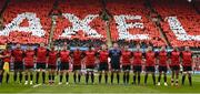 22 October 2016; The Munster team during a minute's silence in memory of the late Munster Rugby head coach Anthony Foley before the European Rugby Champions Cup Pool 1 Round 2 match between Munster and Glasgow Warriors at Thomond Park in Limerick. The Shannon club man, with whom he won 5 All Ireland League titles, played 202 times for Munster and was capped for Ireland 62 times, died suddenly in Paris on November 16, 2016 at the age of 42. Photo by Brendan Moran/Sportsfile