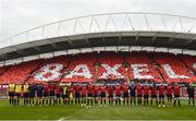 22 October 2016; The Munster team during a minute's silence in memory of the late Munster Rugby head coach Anthony Foley before the European Rugby Champions Cup Pool 1 Round 2 match between Munster and Glasgow Warriors at Thomond Park in Limerick. The Shannon club man, with whom he won 5 All Ireland League titles, played 202 times for Munster and was capped for Ireland 62 times, died suddenly in Paris on November 16, 2016 at the age of 42. Photo by Brendan Moran/Sportsfile