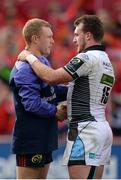 22 October 2016; Keith Earls of Munster and Stuart Hogg of Glasgow Warriors shake hands following the European Rugby Champions Cup Pool 1 Round 2 match between Munster and Glasgow Warriors at Thomond Park in Limerick. Photo by Seb Daly/Sportsfile