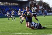 22 October 2016; Barry Daly of Leinster A on his way to scoring a try despite the tackle from Jimmy Stephenson of Nottingham Rugby during the British & Irish Cup Pool 4 match between Leinster A and Nottingham Rugby at Donnybrook Stadium in Donnybrook, Dublin. Photo by Matt Browne/Sportsfile