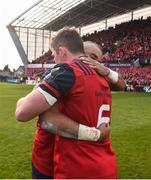 22 October 2016; Simon Zebo and Peter O'Mahony of Munster embrace after the European Rugby Champions Cup Pool 1 Round 2 match between Munster and Glasgow Warriors at Thomond Park in Limerick. Photo by Diarmuid Greene/Sportsfile