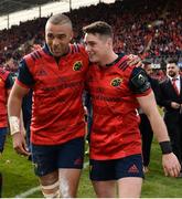 22 October 2016; Simon Zebo, left, and Ronan O'Mahony of Munster congratulate each other following their team's victory during the European Rugby Champions Cup Pool 1 Round 2 match between Munster and Glasgow Warriors at Thomond Park in Limerick. Photo by Seb Daly/Sportsfile