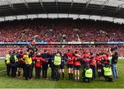 22 October 2016; Munster players and staff sing 'Stand Up and Fight' on the pitch after the European Rugby Champions Cup Pool 1 Round 2 match between Munster and Glasgow Warriors at Thomond Park in Limerick. Photo by Diarmuid Greene/Sportsfile