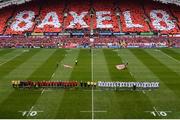 22 October 2016; Munster and Glasgow Warriors players observe a minute's silence in memory of the late Munster Rugby head coach Anthony Foley before the European Rugby Champions Cup Pool 1 Round 2 match between Munster and Glasgow Warriors at Thomond Park in Limerick. The Shannon club man, with whom he won 5 All Ireland League titles, played 202 times for Munster and was capped for Ireland 62 times, died suddenly in Paris on November 16, 2016 at the age of 42. Photo by Diarmuid Greene/Sportsfile