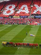 22 October 2016; Munster and Glasgow Warriors players observe a minute's silence in memory of the late Munster Rugby head coach Anthony Foley before the European Rugby Champions Cup Pool 1 Round 2 match between Munster and Glasgow Warriors at Thomond Park in Limerick. The Shannon club man, with whom he won 5 All Ireland League titles, played 202 times for Munster and was capped for Ireland 62 times, died suddenly in Paris on November 16, 2016 at the age of 42. Photo by Diarmuid Greene/Sportsfile