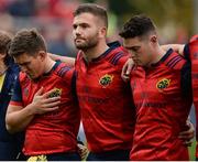 22 October 2016; Munster players Ian Keatley, left, Jaco Taute, centre, and Ronan O'Mahony of Munster during a minute's silence in memory of the late Munster Rugby head coach Antho ny Foley before the European Rugby Champions Cup Pool 1 Round 2 match between Munster and Glasgow Warriors at Thomond Park in Limerick. The Shannon club man, with whom he won 5 All Ireland League titles, played 202 times for Munster and was capped for Ireland 62 times, died suddenly in Paris on November 16, 2016 at the age of 42. Photo by Seb Daly/Sportsfile