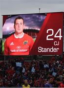 22 October 2016; CJ Stander of Munster is introduced as number 24 jersey after the number 8 jersey was retired for the day in memory of the late Munster Rugby head coach Anthony Foley before the European Rugby Champions Cup Pool 1 Round 2 match between Munster and Glasgow Warriors at Thomond Park in Limerick. The Shannon club man, with whom he won 5 All Ireland League titles, played 202 times for Munster and was capped for Ireland 62 times, died suddenly in Paris on November 16, 2016 at the age of 42. Photo by Brendan Moran/Sportsfile