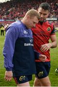 22 October 2016; Keith Earls of Munster is consoled by teammate Conor Murray following their team's victory, having being sent off during the European Rugby Champions Cup Pool 1 Round 2 match between Munster and Glasgow Warriors at Thomond Park in Limerick. Photo by Seb Daly/Sportsfile