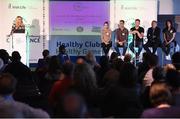 22 October 2016; Guest MC Evanne Ni Chuilinn, far left, leads a panel discussion including, from left, Sharon Courtney, Michael Fennelly, Niall McNamee, Prof. Eamon O'Shea, and Lauralee Walsh, during the 2016 GAA Health & Wellbeing Conference at Croke Park in Dublin. Photo by Cody Glenn/Sportsfile