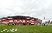 22 October 2016; The Munster and Glasgow Warriors teams during a minute's silence in memory of the late Munster Rugby head coach Anthony Foley before the European Rugby Champions Cup Pool 1 Round 2 match between Munster and Glasgow Warriors at Thomond Park in Limerick. The Shannon club man, with whom he won 5 All Ireland League titles, played 202 times for Munster and was capped for Ireland 62 times, died suddenly in Paris on November 16, 2016 at the age of 42. Photo by Brendan Moran/Sportsfile