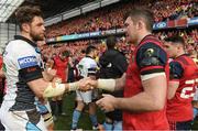 22 October 2016; Ryan Wilson, left, of Glasgow Warriors and Peter O’Mahony of Munster shake hands after the European Rugby Champions Cup Pool 1 Round 2 match between Munster and Glasgow Warriors at Thomond Park in Limerick. Photo by Brendan Moran/Sportsfile