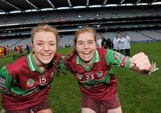 6 March 2011; Eoghan Rua players Rosanna McAleese, left, and Katie Mullan celebrate after the match. All-Ireland Intermediate Camogie Club Championship Final, Eoghan Rua v The Harps, Croke Park, Dublin. Picture credit: Brian Lawless / SPORTSFILE