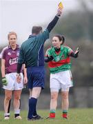 6 March 2011; Referee Liam McDonagh shows the yellow card to  Triona McNicholas, Mayo. Bord Gais Energy National Football League Division One, Mayo v Galway, Davitts, Ballindine, Co. Mayo. Picture credit: Ray Ryan / SPORTSFILE