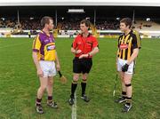 6 March 2011; Referee Tony Carroll, Offaly, conducts the coin toss with Wexford captain Darren Stamp and Kilkenny captain Michael Rice. Allianz Hurling League Division 1 Round 3, Kilkenny v Wexford, Nowlan Park, Kilkenny. Picture credit: Stephen McCarthy / SPORTSFILE