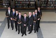 7 March 2011; At the AIB Provincial Player Awards 2010 is AIB Bank General Manager Billy Finn and Uachtarán Cumann Lúthchleas Gael Criostóir Ó Cuana, with from left, David Niblock, Nemo Rangers, Co. Cork, Brian Kavanagh, Kilmacud Crokes, Dublin, Mark Bergin, O'Loughlin Gaels, Co. Kilkenny, Liam Watson, Loughgiel Shamrocks, Co. Antrim, Frankie Dolan, St. Brigid's, Co. Roscommon, Oisin McConville, Crossmaglen Rangers, Co. Armagh, and Kevin Moran, De La Salle, Co. Waterford. AIB Provincial Player Awards, RDS, Ballsbridge, Dublin. Picture credit: Brian Lawless / SPORTSFILE