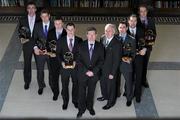 7 March 2011; At the AIB Provincial Player Awards 2010 is AIB Bank General Manager Billy Finn and Uachtarán Cumann Lúthchleas Gael Criostóir Ó Cuana, with from left, David Niblock, Nemo Rangers, Co. Cork, Brian Kavanagh, Kilmacud Crokes, Dublin, Mark Bergin, O'Loughlin Gaels, Co. Kilkenny, Liam Watson, Loughgiel Shamrocks, Co. Antrim, Frankie Dolan, St. Brigid's, Co. Roscommon, Oisin McConville, Crossmaglen Rangers, Co. Armagh, and Kevin Moran, De La Salle, Co. Waterford. AIB Provincial Player Awards, RDS, Ballsbridge, Dublin. Picture credit: Brian Lawless / SPORTSFILE