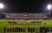 22 October 2016; Players from both teams stand for a minutes silence in honour of the late Anthony Foley the European Rugby Champions Cup Pool 5 Round 2 game between Ulster and Exeter Chiefs at Kingspan Stadium in Belfast. Photo by David Fitzgerald/Sportsfile