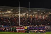 22 October 2016; The Ulster and Exeter Chiefs teams during a minute's silence for late Munster head coach Anthony Foley during the European Rugby Champions Cup Pool 5 Round 2 match between Ulster and Exeter Chiefs at the Kingspan Stadium in Belfast. Photo by Ramsey Cardy/Sportsfile