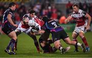 22 October 2016; Rory Best of Ulster is tackled by Harry Williams, right, and Dave Lewis of Exeter Chiefs, bottom, during the European Rugby Champions Cup Pool 5 Round 2 game between Ulster and Exeter Chiefs at Kingspan Stadium in Belfast. Photo by David Fitzgerald/Sportsfile