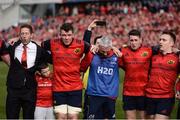 22 October 2016; Munster strength and conditioning coach Aidan O'Connell alongside his son Barry, Munster captain Peter O'Mahony, head of fitness Aled Walters, Ronan O'Mahony and Rory Scannell sing 'Stand Up And Fight' on the pitch after the European Rugby Champions Cup Pool 1 Round 2 match between Munster and Glasgow Warriors at Thomond Park in Limerick. Photo by Diarmuid Greene/Sportsfile