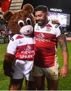 22 October 2016; Charles Piutau of Ulster and mascot Sparky following their side's victory in the European Rugby Champions Cup Pool 5 Round 2 match between Ulster and Exeter Chiefs at the Kingspan Stadium in Belfast. Photo by Ramsey Cardy/Sportsfile