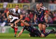 22 October 2016; Ruan Pienaar of Ulster is tackled by Geoff Parling of Exeter Chiefs during the European Rugby Champions Cup Pool 5 Round 2 match between Ulster and Exeter Chiefs at the Kingspan Stadium in Belfast. Photo by Ramsey Cardy/Sportsfile