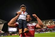 22 October 2016; Rodney Ah You of Ulster and his son Taison celebrate victory following the European Rugby Champions Cup Pool 5 Round 2 game between Ulster and Exeter Chiefs at Kingspan Stadium in Belfast. Photo by David Fitzgerald/Sportsfile