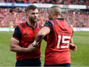 22 October 2016; Jaco Taute and Simon Zebo of Munster embrace after the European Rugby Champions Cup Pool 1 Round 2 match between Munster and Glasgow Warriors at Thomond Park in Limerick. Photo by Diarmuid Greene/Sportsfile