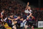 22 October 2016; Dave Lewis of Exeter Chiefs' clearing kick is charged down by Stuart Olding of Ulster during the European Rugby Champions Cup Pool 5 Round 2 game between Ulster and Exeter Chiefs at Kingspan Stadium in Belfast. Photo by David Fitzgerald/Sportsfile