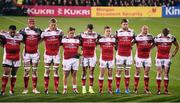 22 October 2016; The Ulster team stand for a minutes silence in honour of the late Anthony Foley ahead of the European Rugby Champions Cup Pool 5 Round 2 game between Ulster and Exeter Chiefs at Kingspan Stadium in Belfast. Photo by David Fitzgerald/Sportsfile