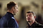 22 October 2016; Former Leinster and Ireland rugby player Brian O'Driscoll, right, talks to former Ulster and Ireland player Stephen Ferris ahead of the European Rugby Champions Cup Pool 5 Round 2 game between Ulster and Exeter Chiefs at Kingspan Stadium in Belfast. Photo by David Fitzgerald/Sportsfile